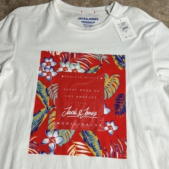 Jack&Jones graphic white cotton short sleeve t shirt , red square vacay print - Picture 2 of 9